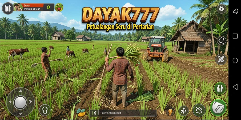 Tampilan gameplay DAYAK777 yang menarik dengan ladang dan tanaman hijau.