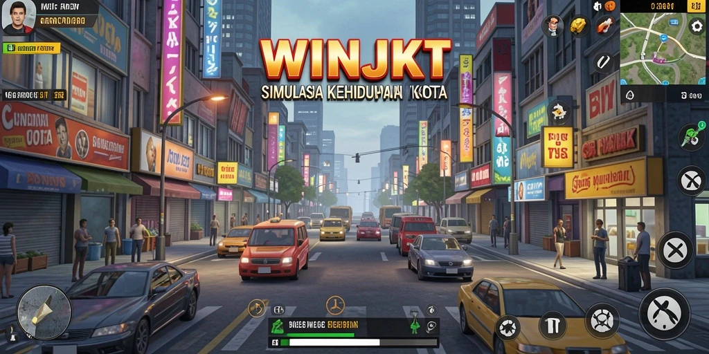 Tampilan gameplay WINJKT yang menampilkan interaksi kota yang dinamis.